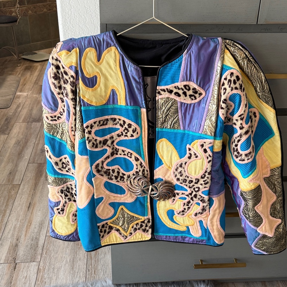 Patchwork Quilted Bomber Jacket in Turquoise, Pur… - image 1